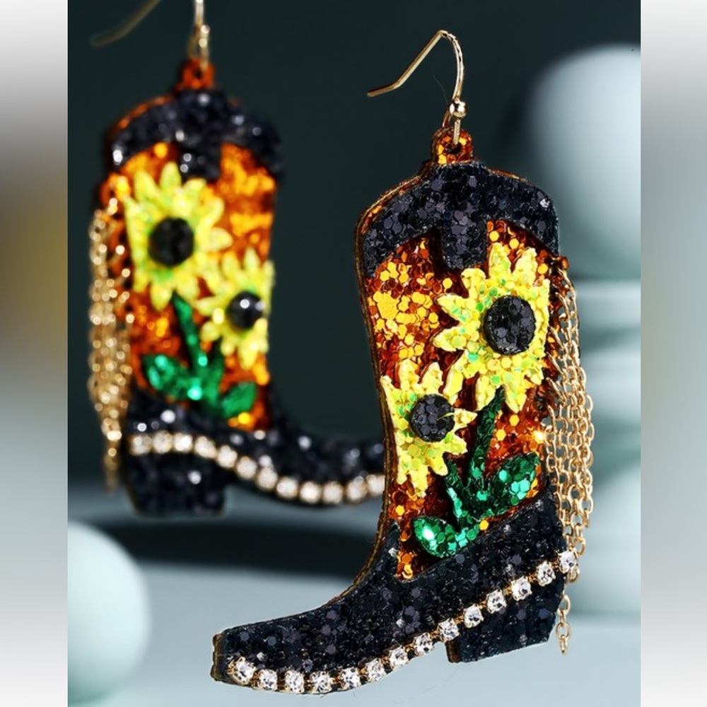 Glitter Sunflower Black Boot Earrings - Picture 3 of 11